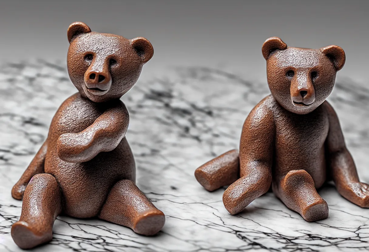 Prompt: clay bear figurine on marble table, highly detailed photo, hyper realism, low depth of field