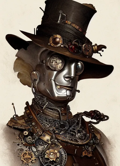Prompt: portrait of steampunk tin man, intricate, highly detailed, ray tracing, digital painting, artstation, concept art, smooth, sharp focus, illustration, art by artgerm and greg rutkowski and alphonse mucha, 8 k