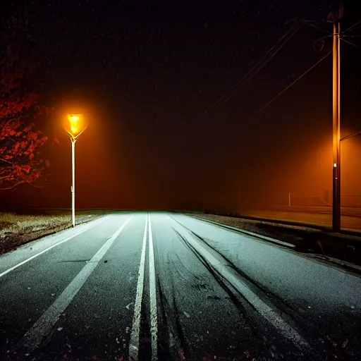 Prompt: A stunningly beautiful award-winning 8K high angle cinematic movie photograph of a spooky foggy empty lightless moonlit main intersection in an abandoned 1950s small town at night, by David Fincher and Darius Khonji, perfect composition, from roofline, moody low key backlit. Color palette from Seven, greens yellows and reds. 2 point perspective, high angle from 15 feet off the ground. Octane render