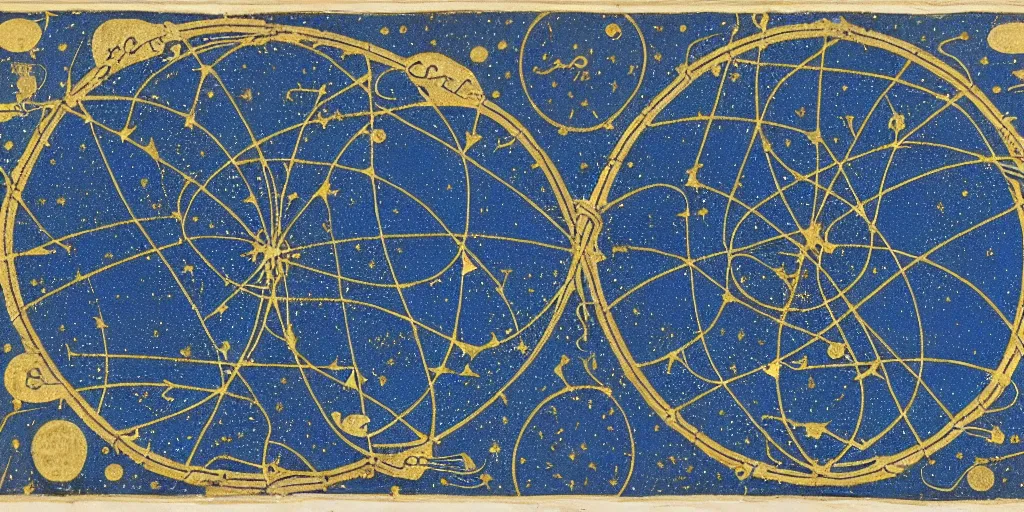 Prompt: ancient cosmic map of the various holes in the universe where time travelers can sneak through the fabric of space time. deep blue with constellations and radiating gold lines and circles, with intricate border. map has been folded and dirtied many times over the centuries