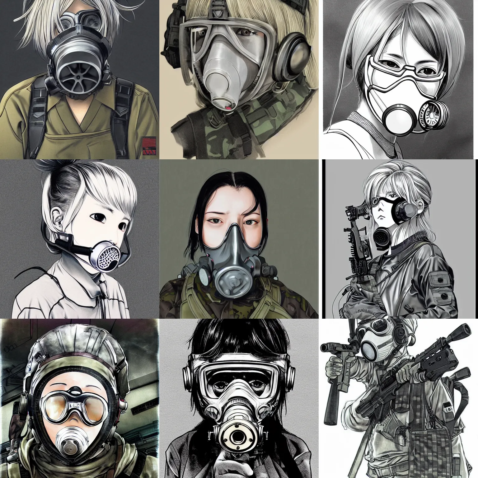 Prompt: girl silver hair, multicam, gas mask, illustration by Takehiko Inoue, portrait