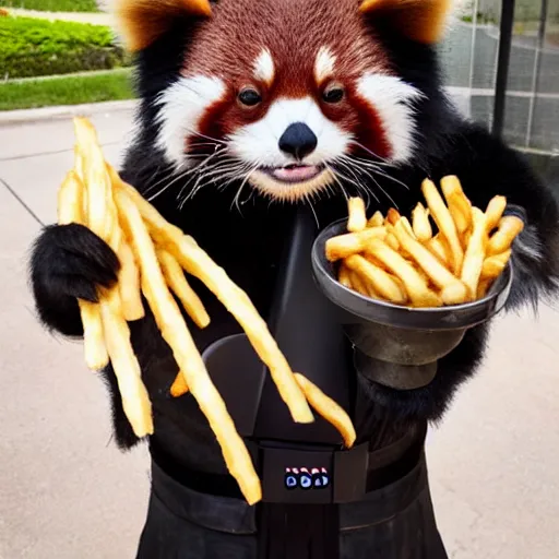 Image similar to a photo of a red panda dressed like Darth Vader eating french fries