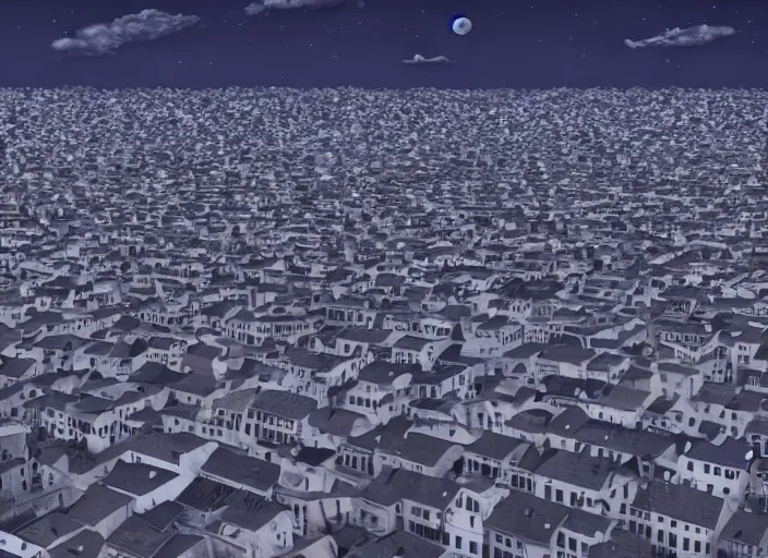 Image similar to thousands of different moons scattered across the sky. thousands of big moons, focus on the sky. thousands of houses in the city, hyperrealism, no blur, 4 k resolution, ultra detailed