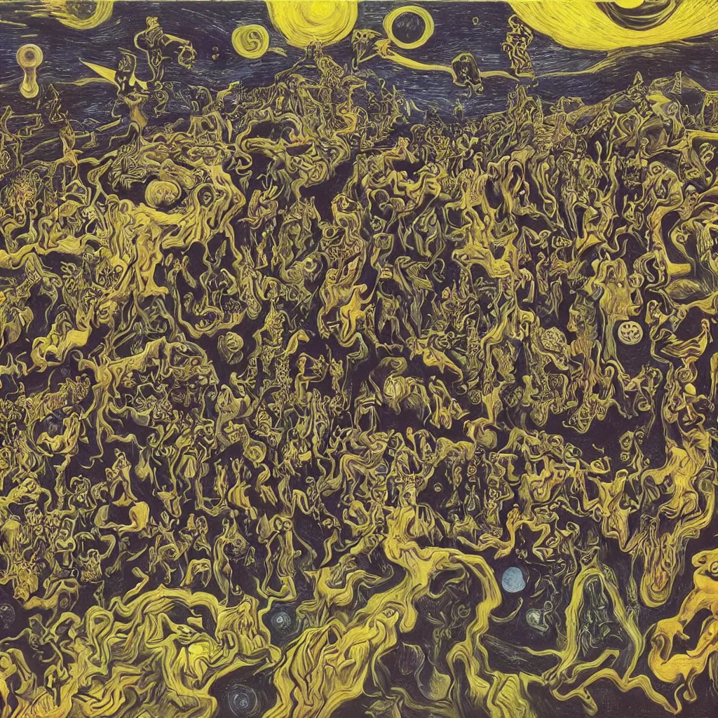 Image similar to intergalactic psychonaut unholy gathering, 4K, by collaboration of M. C. Escher and Salvador Dali and Van Gogh