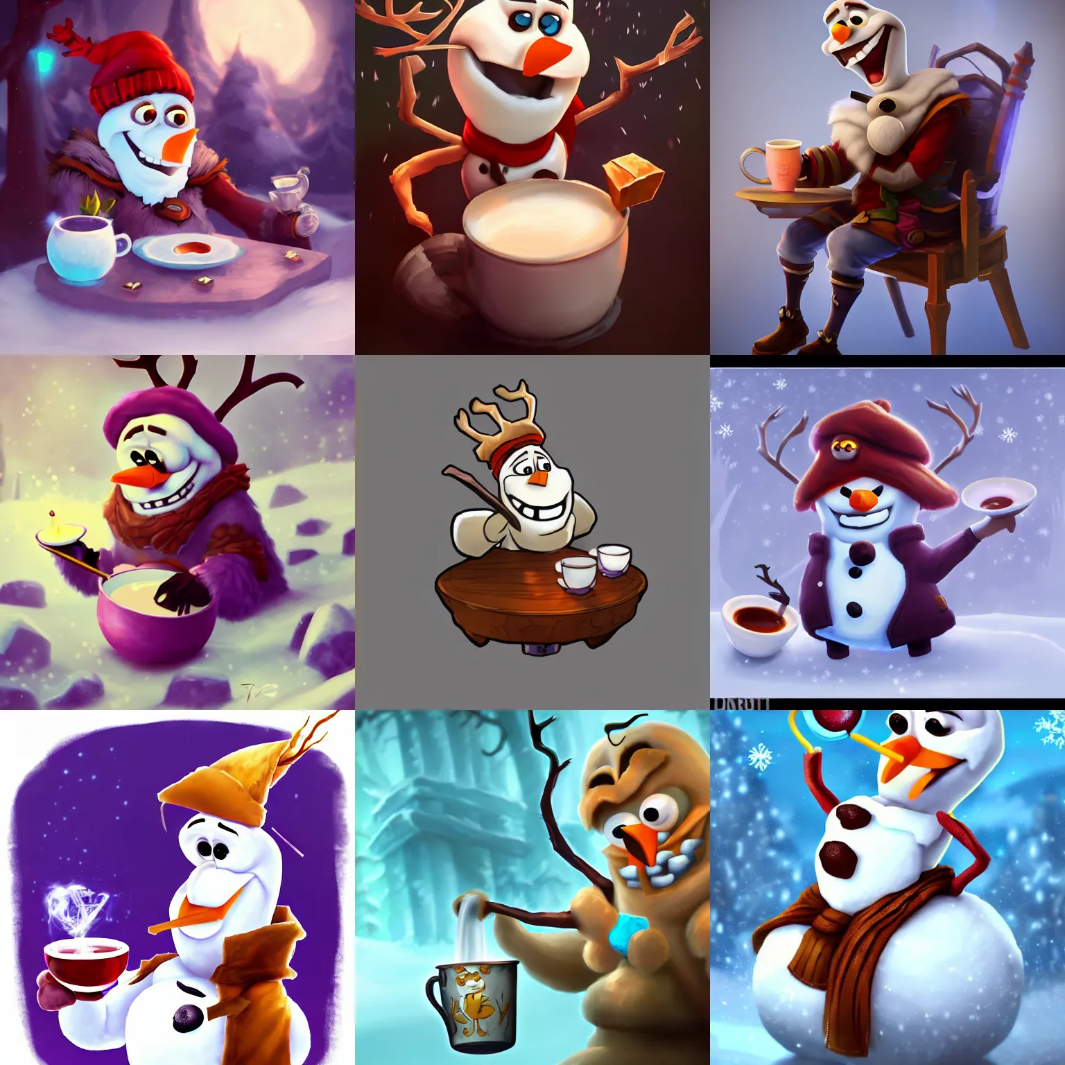 Prompt: Olaf from the game (league of legends), drinking tea.digital art on artstation