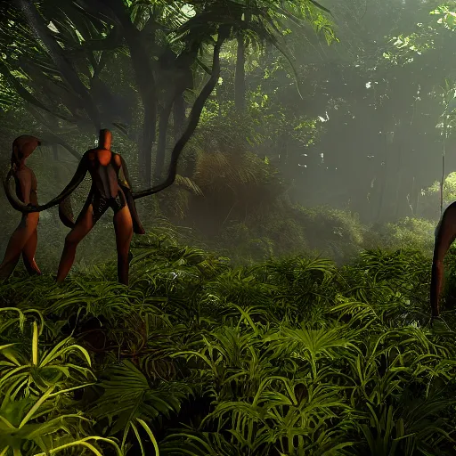 Prompt: « group persons, dark jungle, far view, unreal engine 5, highly detailed, exploring, fantasy, »