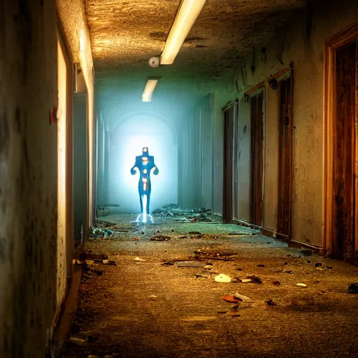 Prompt: ironman in a dark hallway of an abandoned asylum, 4 k, high detail, high - resolution photograph, professional photography, ultra - detail