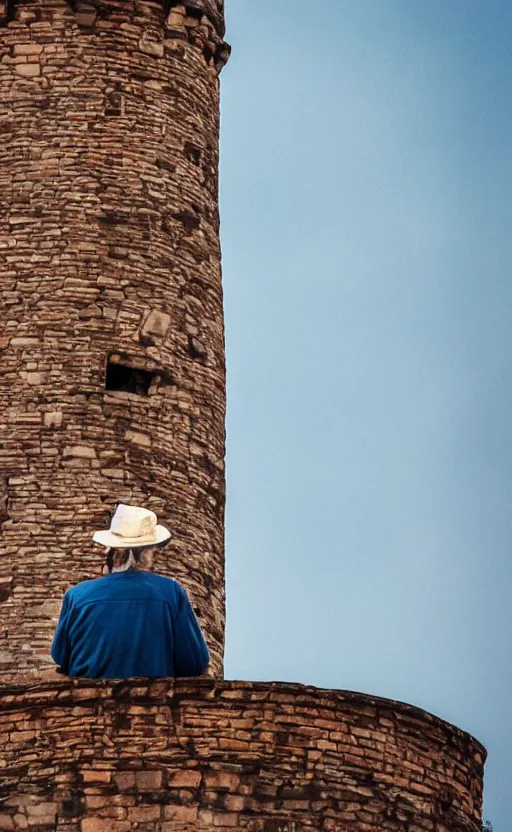 Prompt: an old man wearing a hat on top of a tower, ultra detailed, tattoo, 8 k