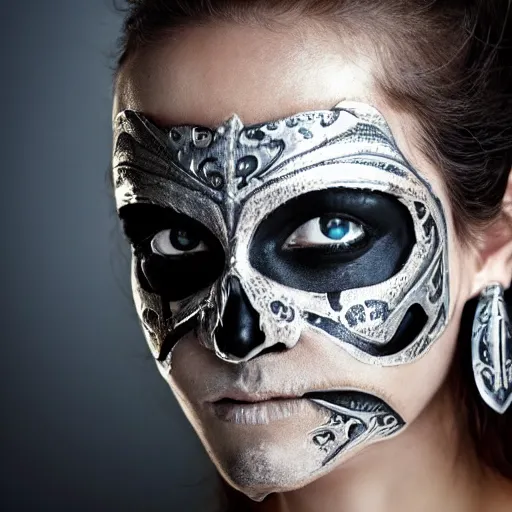 Image similar to A new dark hero for blockbuster movies. A beautiful woman wearing a silver skeletal mask, engraved with ancient detailed patterns. Attractive eyes. A fearless smile. Blurred background. Earrings.