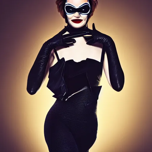 Image similar to Fully-clothed full-body portrait of Emma Stone as catwoman with eyes covered, XF IQ4, 50mm, F1.4, studio lighting, professional, 8K