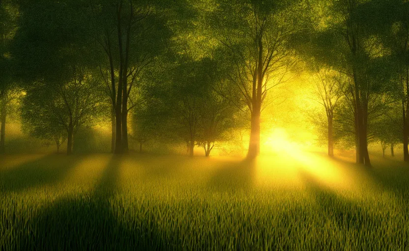 Image similar to a beautiful picture of good weather clouds over a meadow, subtle god rays breaking through, lush forest in the background, intricate detail, sunrise, serene, hazy, volumetric lighting, volumetric clouds, 8 k, hyperrealistic, digital art trending on artstation