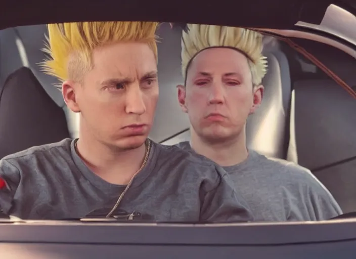 Image similar to a very high resolution image from a new movie, eminem going super saiyan driving a car. inside of a car. alone. mountains, directed by wes anderson