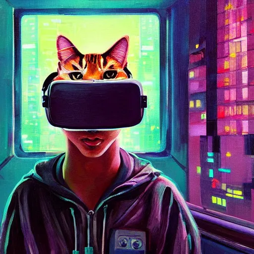 Prompt: a painting of a cat wearing oculus rift with a city in the background, cyberpunk art by hikari shimoda, trending on artstation, panfuturism, utopian art, circuitry, sci - fi