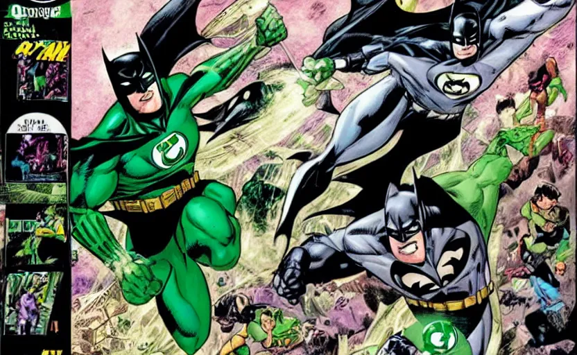 Image similar to a Batman comic cover from 1999 with Green Lantern on the background