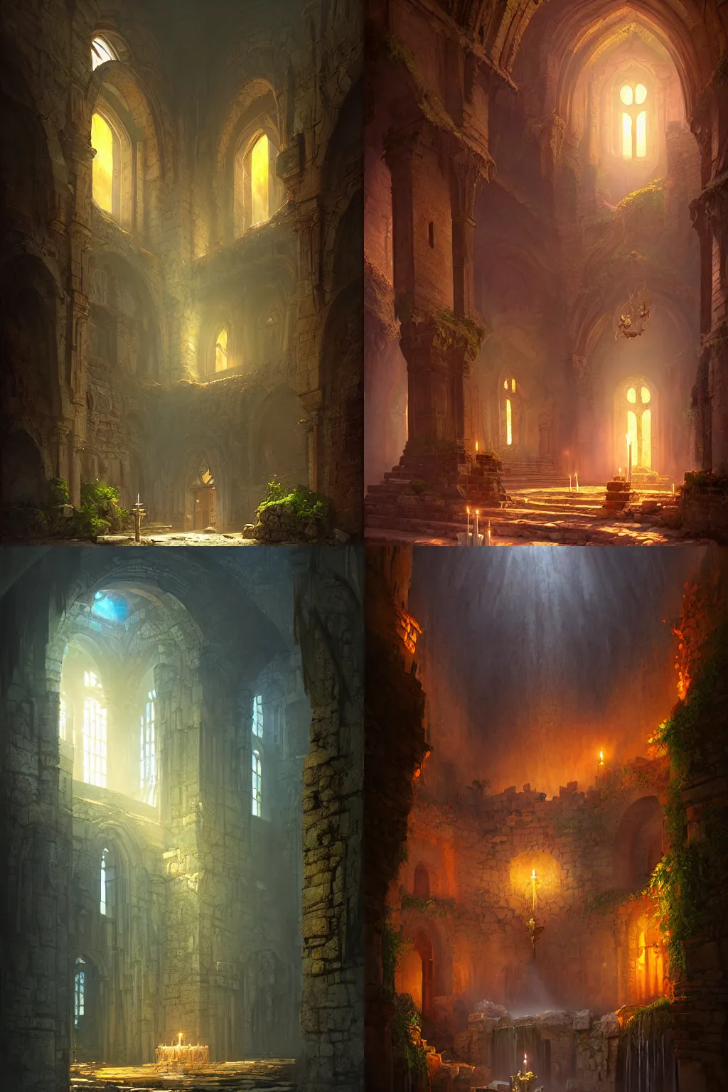 Prompt: detailed Interior of monastery ruins in style of marc simonetti and andreas rocha, waterfall walls, light of god, light shafts, candles, stunning atmosphere, cinematic lighting, matte, masterpiece, atmospheric