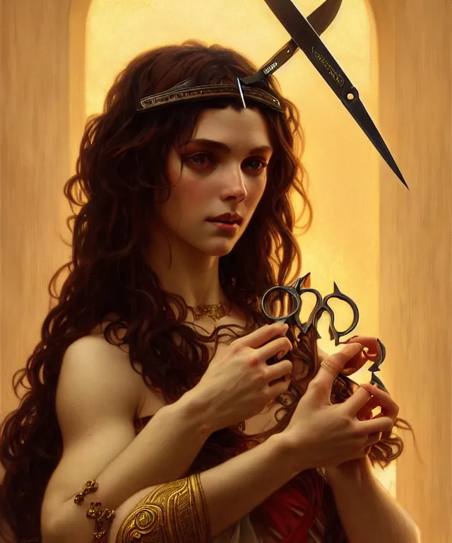 Image similar to portrait of biblical delilah holding medieval shear scissors, intricate, headshot, highly detailed, digital painting, artstation, concept art, sharp focus, cinematic lighting, illustration, art by artgerm and greg rutkowski, alphonse mucha, cgsociety