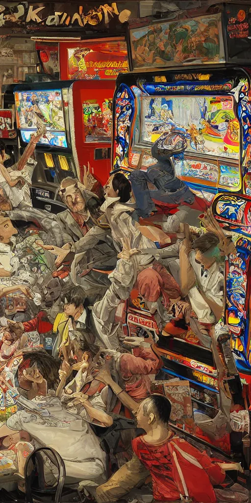 Image similar to oil painting scene from amusement arcade by kim jung gi