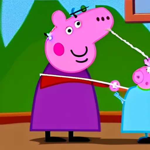 Prompt: screenshot still of peppa pig smoking a cigarette and robbing a brank, children's tv show, peppa pig