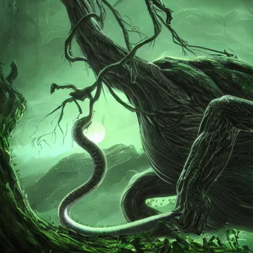 Image similar to A beautiful photograph of a large, looming creature with a long, snake-like body. The creature has many large, sharp teeth, and its eyes glow a eerie green. It is wrapped around a large tree, which is bent and broken under the creature's weight. There is a small figure in the foreground, clutching a sword, which is dwarfed by the size of the creature. mariachi by Marianne von Werefkin, by Worthington Whittredge manmade