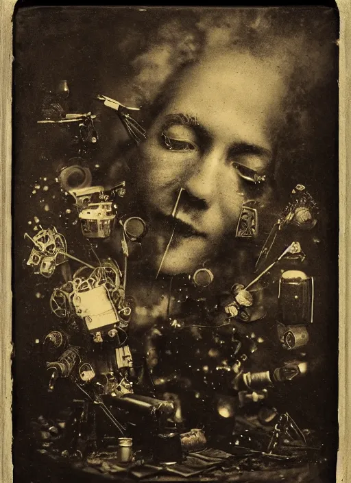 Image similar to old wetplate daguerreotype portrait of the birth of a genius, explosion of data fragments, fractal, intricate, elegant, highly detailed, parallax, leica, medium format, subsurface scattering, by jheronimus bosch and greg rutkowski and louis jacques mande daguerre