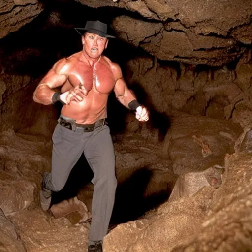 Image similar to sylvester stallone as indiana jones, running in a cave full of traps
