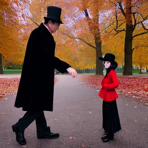 Prompt: a thin man in a black coat and bowler hat talks with small young girl who is dressed in a red coat and a red hat, park, autumn, wide angle, high detail, By Makoto Shinkai, Stanley Artgerm Lau, WLOP, Rossdraws, James Jean, Andrei Riabovitchev, Marc Simonetti, krenz cushart, Sakimichan, D&D trending on ArtStation, digital art, width 768