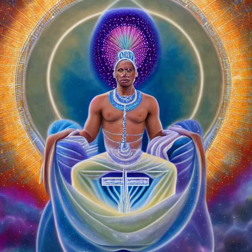 Prompt: obatala the cosmic god sitting on a throne of nebula clouds, by amanda sage and alex grey, matte painting, orisha, 8k, hd