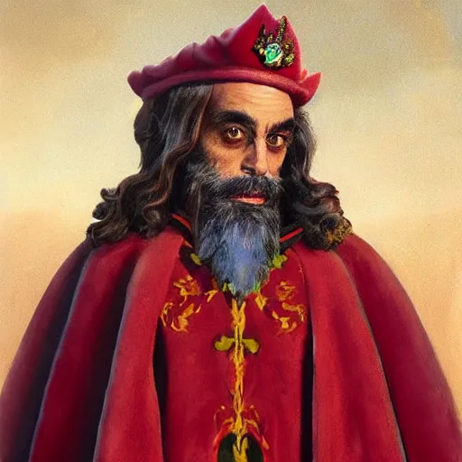 Prompt: stoner King Tommy Chong wears a doublet whilst wearing a red velvet cape and marijuana flower calyx trichome crown edward julius detmold jehan choo jeff simpson arkhip kuindzhi raphael lacoste guillem h. pongiluppi grisaille