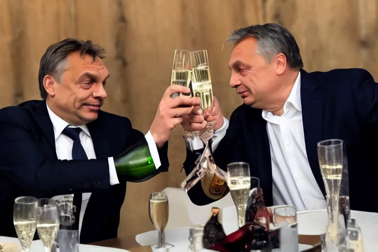 Image similar to viktor orban drinking champagne with putin