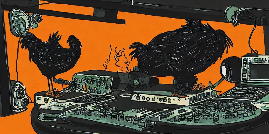 Image similar to 'black chicken'!!! smoking 'cannabis'!!!!!! in front of 'audio console'!!!! and 'multi monitors'!!!! 'in a hi-tech tv broadcasting studio'!!!!, artwork by James Gilleard