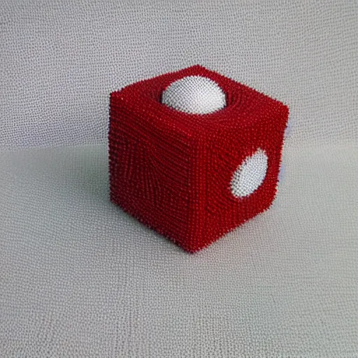 Prompt: chrome spheres on a red cube, needle point