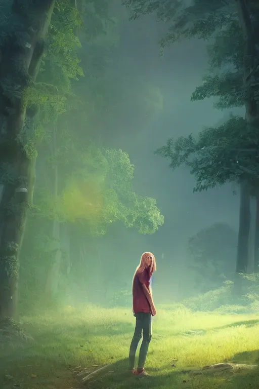 Image similar to pretty young man with long golden hair, trees, detailed forest background, webtoon, breathtaking scenery, colourful, 8 k, graphic novel, digital art trending on artstation, volumetric lighting, octane render, cinematic, hyper detailed, magical atmosphere