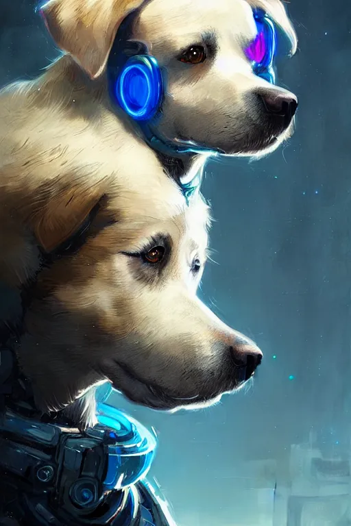 Prompt: a beautiful portrait of a cute cyberpunk dog with blue tinted starfield in the background by greg rutkowski and wlop, digital art, highly detailed, fine detail, intricate, ornate, complex