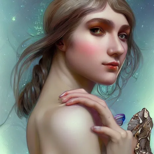 Image similar to a photograpic portrait of a anthropomorphic Macropinna microstoma wearing white clothes, iridescent colors, fantasy, intricate, elegant, highly detailed, digital painting, artstation, concept art, smooth, sharp focus, illustration, art by artgerm and H R Giger and alphonse mucha