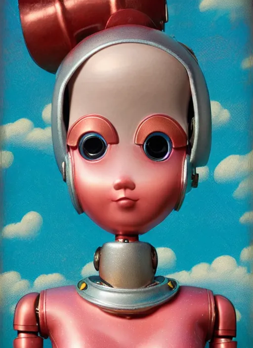Image similar to highly detailed closeup, face profile portrait of a retro 1 9 5 0 s tin toy girl robot deep sea diver wearing a bikini, unreal engine, nicoletta ceccoli, mark ryden, earl norem, lostfish, global illumination, detailed and intricate environment
