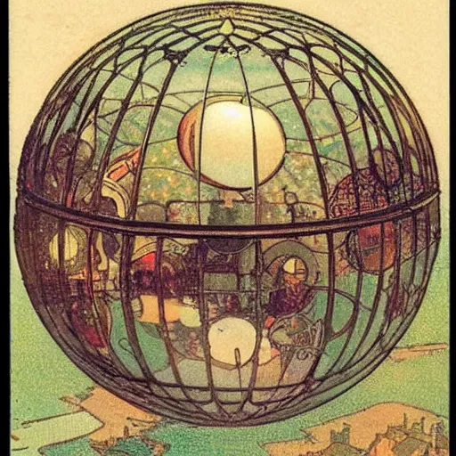 Prompt: night time english village postcard, spherical cage, constellation, spherical shiny sparkly metallic cage, by mucha