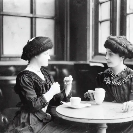 Prompt: a black and white photograph of two young edwardian women sitting in a cafe in paris