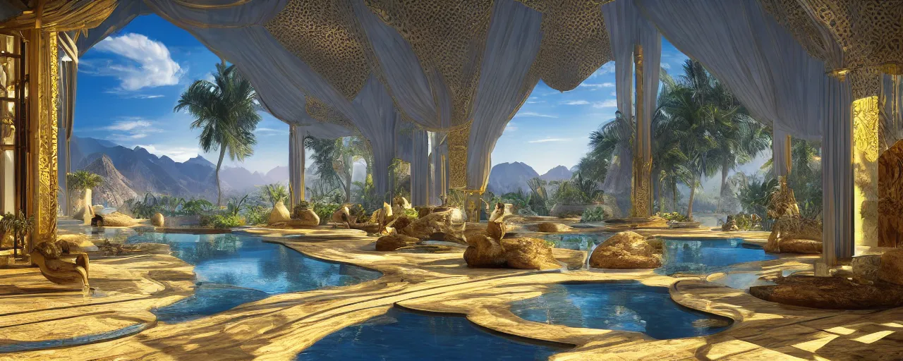 Prompt: surreal hyper luxury spa with intricate golden details with view to arid mountains and palm forest, ultra detailed, photorealism, sharp focus, volumetric light, global illumination