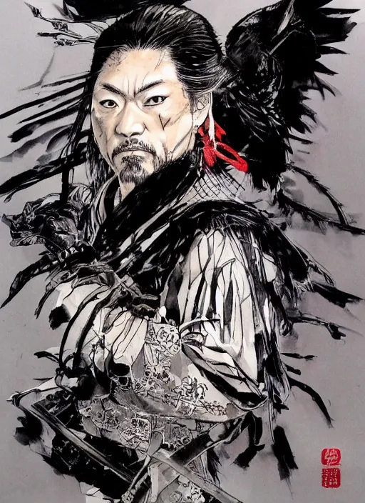 Image similar to portrait of a raven samurai, by takehiko inoue and kim jung gi and hiroya oku, masterpiece ink illustration,