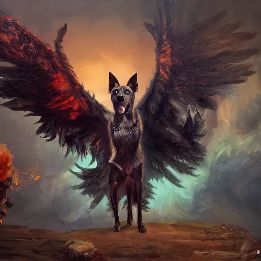 Image similar to an oil painting of a dog with demon wings, hd, hdr, ue 5, ue 6, unreal engine 5, cinematic 4 k wallpaper, 8 k, ultra detailed, high resolution, artstation, award winning