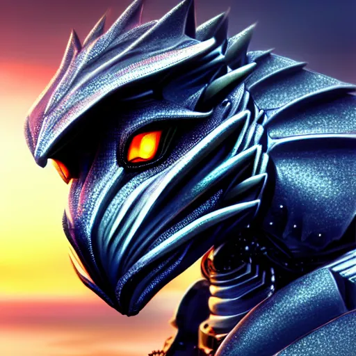 Prompt: epic beautiful bust shot, realistic detailed stunning armored anthropomorphic robot female dragon, doing an elegant pose, looking to the side, sleek streamlined armor and design, sharp claws, Slick LEDs, standing on two legs, on the beach during sunset, high quality, cinematic art, sunset lighting, artstation, deviantart, furaffinity