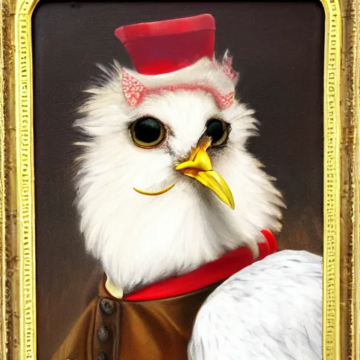 Image similar to a chicken butler, fancy mustache, monocle, highly detail, oil painting , accurate anatomy,