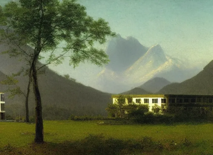 Image similar to painting of a mies van der rohe house in front of beautiful mountains by albert bierstadt