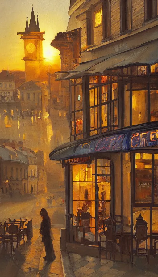 Prompt: still-life painting of Prague cafe at sunset by Krøyer, golden hour, dramatic lighting, volumetric lighting, intricate detail, canvas print