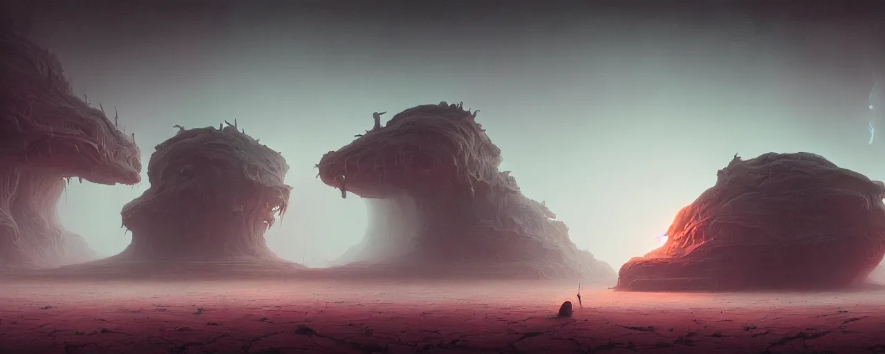 Prompt: ultra realist muted colors horror painting of a dimly lit alien landscape, very intricate details, focus, full frame image, high contrast, artwork by tooth wu and wlop and beeple and greg rutkowski, award winning
