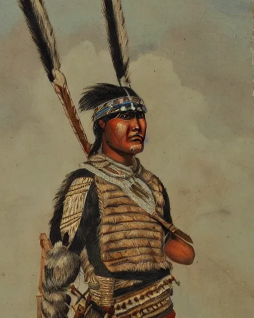 Prompt: old antique painting of an apache warrior