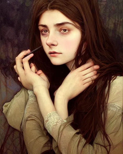 Image similar to portrait of a welsh teenage girl with brown hair, dark brown eyes, glowing skin, delicate features, quiet beauty, amelie poulain, fantasy, intricate, elegant, dress shirt, highly detailed, digital painting, artstation, concept art, smooth, sharp focus, illustration, art by Krenz Cushart and Artem Demura and alphonse mucha