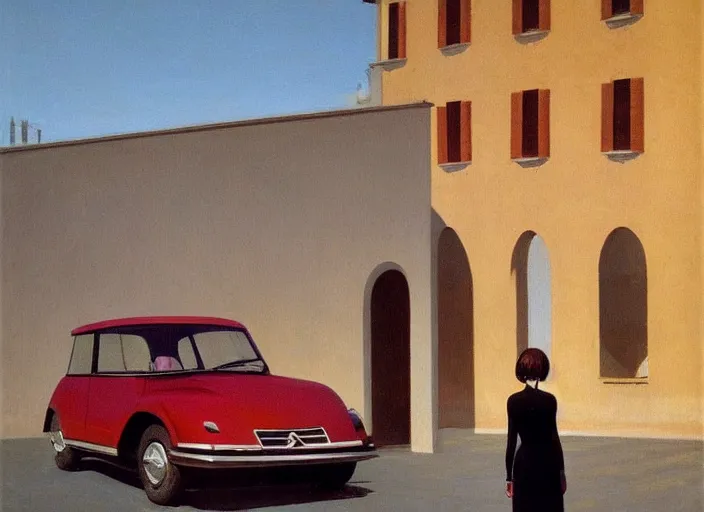 Image similar to a beauty woman stands at citroen ds 1 9 in rome, highly detailed, soft lighting, elegant, by edward hopper and james gilleard, zdzislaw beksinski, steven outram, highly detailed