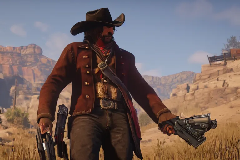 Image similar to mccree from overwatch in red dead redemption 2, high detailed, 4 k, screenshot