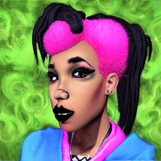 Image similar to A selfie of an alternative styled black woman with pink pig tails, 8k, detailed facial features, photorealistic